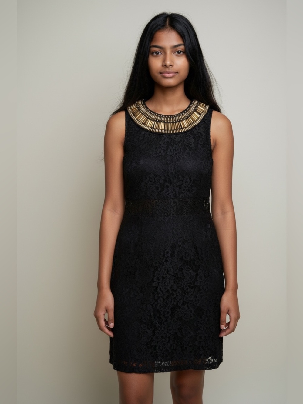 Forever 21 Womens Size Small Black Lace Sheer Sheath Dress Sleeveless Beaded